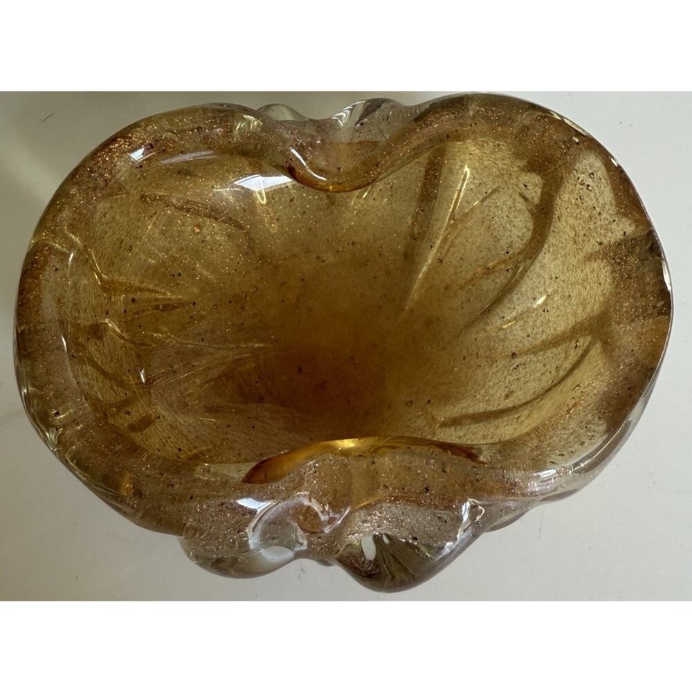 Vintage Murano Shell Shaped Gold Sparkle- Controlled Bubble Small Bowl 5.5x4.75